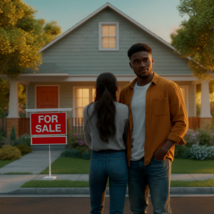 Optimistic Gen Z couple standing in front of a suburban home with a 'For Sale' sign, symbolizing affordable homeownership opportunities and first-time buyers in vibrant neighborhoods.